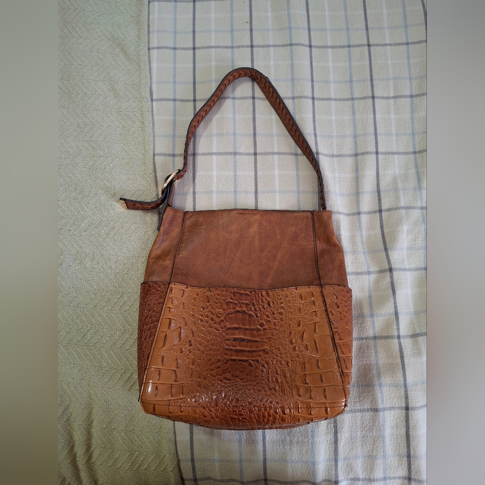 Croc-Embossed Tan Leather Shoulder Bag